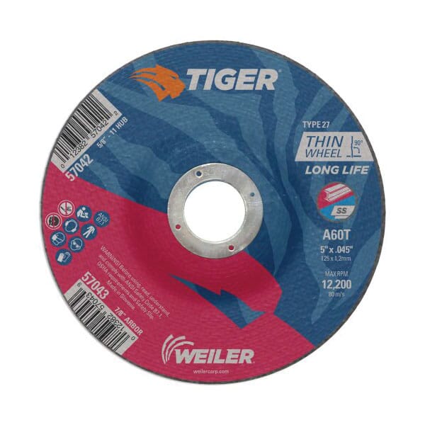 Tiger® 57043 Long Life Performance Line Thin Depressed Center Cutting Wheel, 5 in Dia x 0.045 in THK, 7/8 in Center Hole, 60 Grit, Premium Aluminum Oxide Abrasive